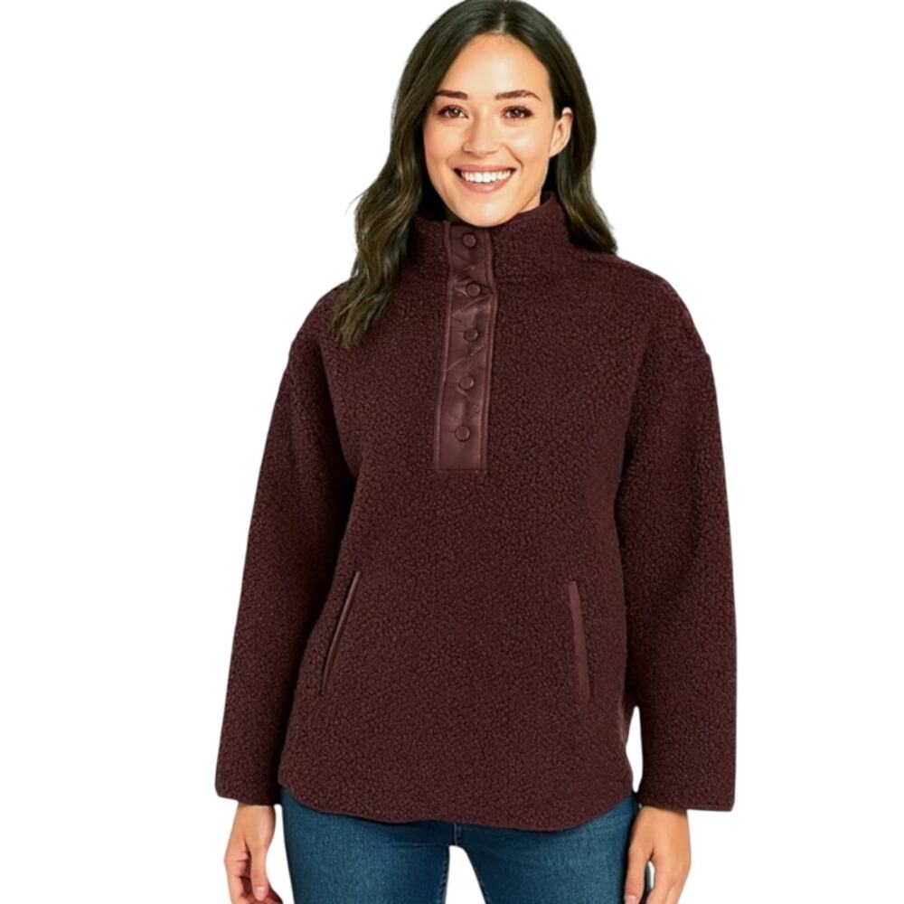 Athleta Cozy Sherpa Jacket S Burgandy Snap Pullover Warm Fuzzy Teddy Bear Casual